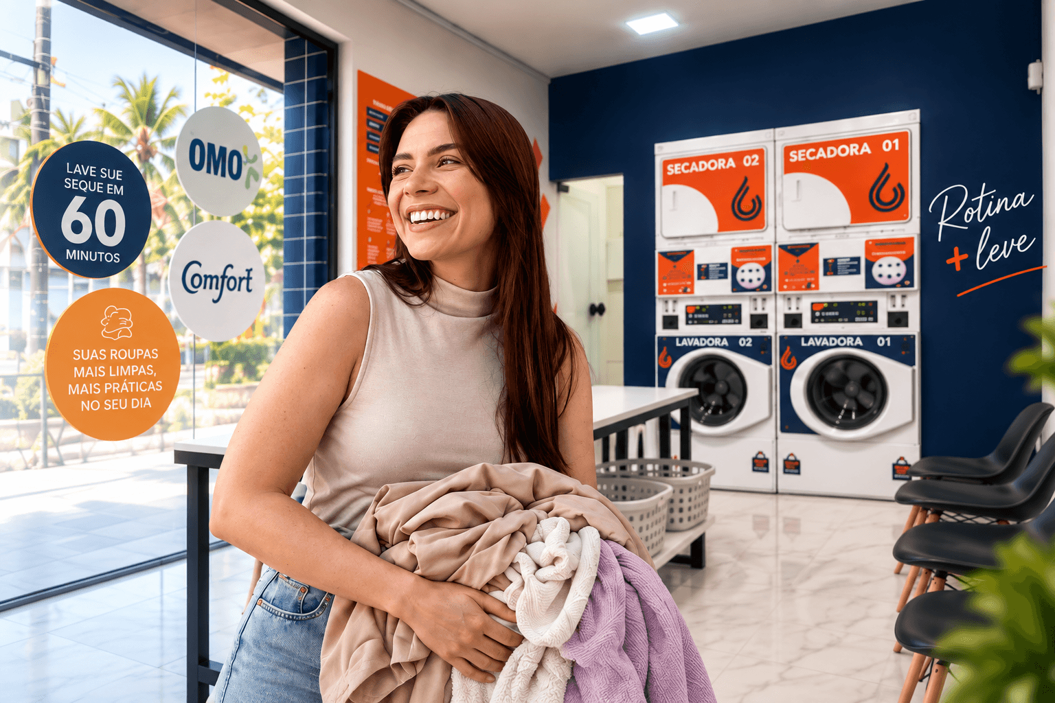 Cliente sorrindo com roupas dentro da Acqua Lavanderia Express